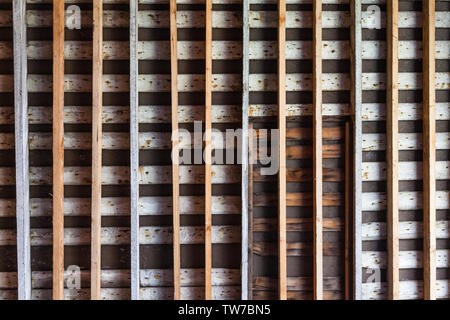 Abstract image of close fitted roof rafters in a heritage wooden building on the Steveston waterfront British Columbia Stock Photo