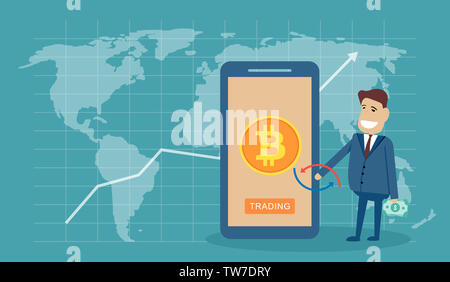 Businessman holding dollar, Bitcoin and dollar exchange concept creative illustration Stock Photo