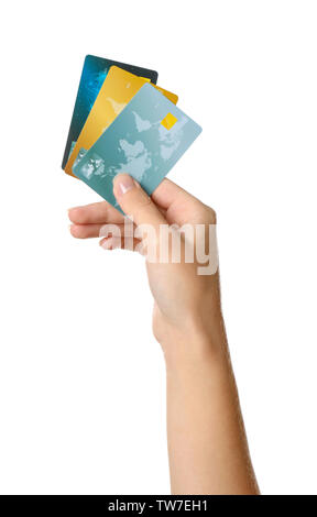 Woman's hand holding credit cards on white background Stock Photo