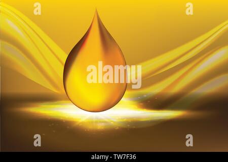 Golden Oil Drops on Yellow Background with Shining Rays. Collagen Essence or Gold Serum Droplets. Vector Illustration. Concept for Cosmetics Brochure Stock Vector
