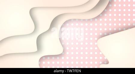 Elegant gold wavy paper cut background with place for text. Modern vector backdrop with curved paper layers over dotted halftone pattern Stock Vector