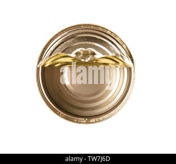 Open tin can on white background Stock Photo