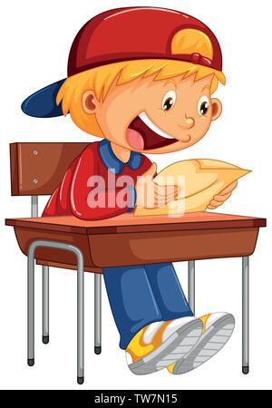 Happy boy reading paper on the chair illustration Stock Vector