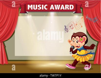 Monkey singing on stage banner illustration Stock Vector
