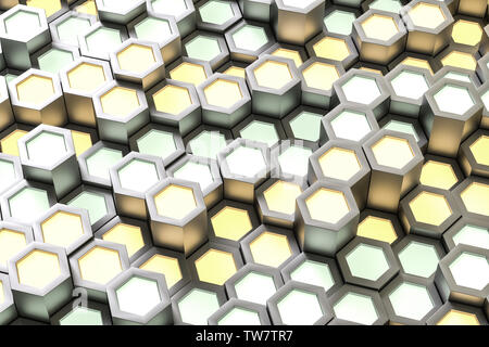 Golden hexagonal metallic background, three-dimensional rendering Stock Photo