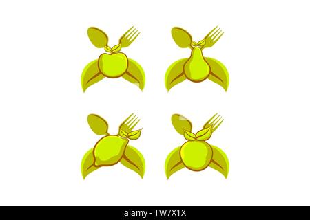 set fruit, fork, spoon and leaf logo Designs Inspiration Isolated on White Background Stock Vector