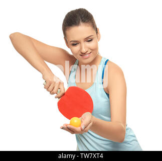 Young woman with tennis racket and ball on white background Stock Photo