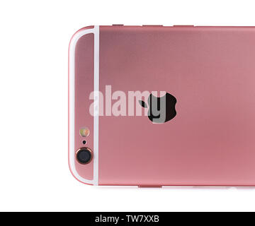 KIEV, UKRAINE - OCTOBER 09, 2017: Back view of Rose Gold iPhone 6S, isolated on white Stock Photo