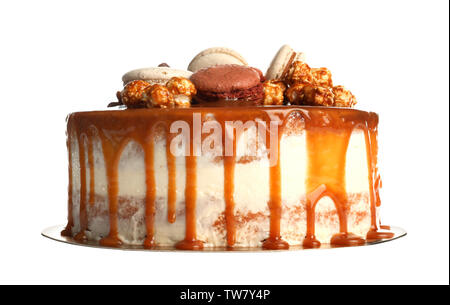 Delicious caramel cake, isolated on white Stock Photo