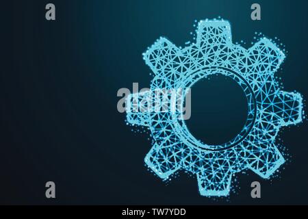Vector Cogwheel Wire Frames Glowing in the Dark, with crumbled edge on blue night sky with dots, stars and looks like constellation, illustration Stock Vector