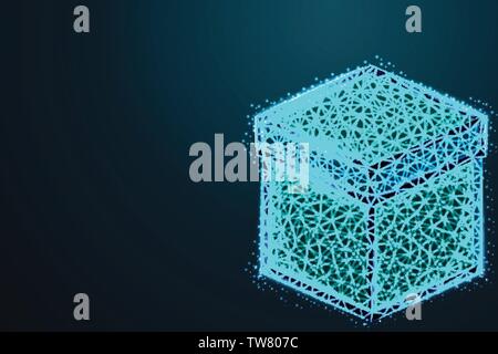 Wireframe mesh polygonal element. Cube with connected lines and dots. with crumbled edge on blue night sky with dots, stars and looks like constellati Stock Vector