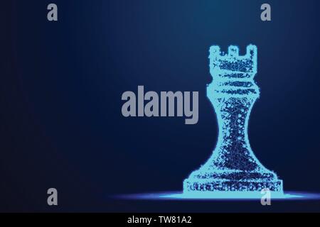 Chess Rook wireframe Polygon blue frame structure, Business strategy concept design. Abstract low poly, Triangle, dot, line, polygon. Shine blue backg Stock Vector