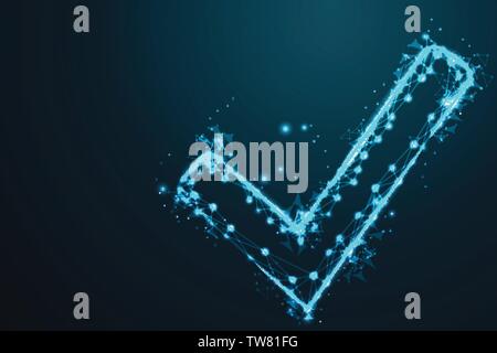 check mark, Abstract wire low poly, Polygonal wire frame mesh looks like constellation on dark blue night sky with dots and stars, illustration and ba Stock Vector