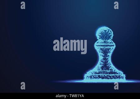 Chess Pawn wireframe Polygon blue frame structure, Business strategy concept design. Abstract low poly, Triangle, dot, line, polygon. Shine blue backg Stock Vector