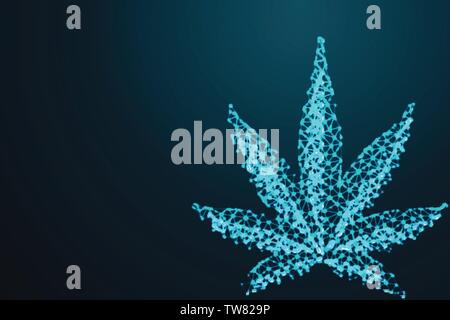 Marijuana, cannabis leaf, Abstract 3d polygonal wireframe airplane on blue night sky with dots and stars. illustration or background