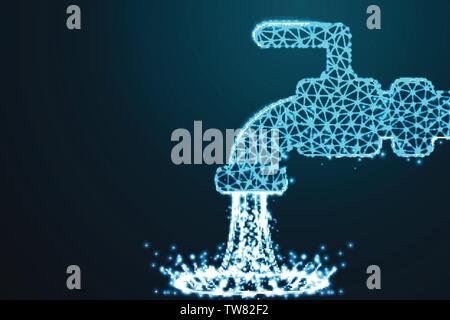 water tap, water drop, splash water, Abstract 3d polygonal wireframe airplane on blue night sky with dots and stars. illustration or background Stock Vector