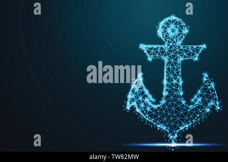 anchor, nautical, maritime, Abstract 3d polygonal wireframe airplane on blue night sky with dots and stars. illustration or background Stock Vector