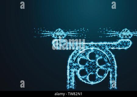 Photo and video drone ,Abstract 3d polygonal wireframe airplane on blue night sky with dots and stars. illustration or background Stock Vector