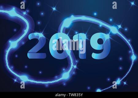 2019 blue text design. Low poly wireframe art on dark background. Happy New Year. Abstract low poly, Triangle, dot, line, polygon. Shine blue backgrou Stock Vector