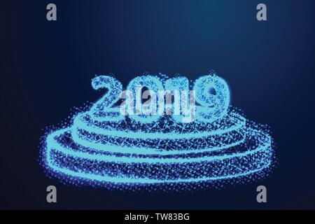 Happy New year 2019. Round podium, pedestal or platform illuminated. Abstract low poly, Triangle, dot, line, polygon. Shine blue background, Vector il Stock Vector