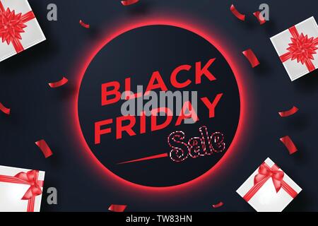 Black friday sale banner with gift box and confetti on red neon background Stock Vector