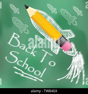 vector design template for Back to school. Wrinkled paper, school supplies icons red sharp wooden pencil and Back to School text. Stock Vector