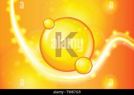 Vitamin K gold shining pill capsule icon . Vitamin complex with Chemical formula. shine gold sparkles. medical and pharmaceutical ads. Vector illustra Stock Vector