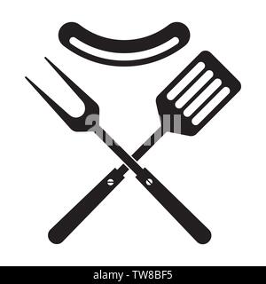 BBQ or grill tools icon. Crossed barbecue fork and spatula with sausage. Symbol template logo. Isolated vector illustration on white background. Stock Vector