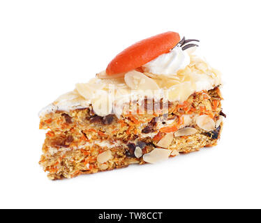 Piece of tasty carrot cake on white background Stock Photo