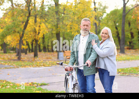Senior couple walking with bicycle in park Stock Photo