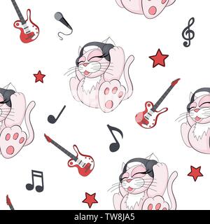 Seamless pattern with cute cartoon kittens with headphones on white background Stock Vector