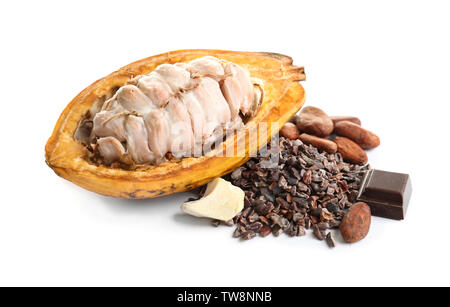 Cut cocoa pod and products on white background Stock Photo