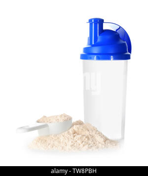 Protein powder and bottle on white background Stock Photo