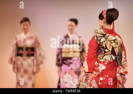 License available at MaximImages.com - Closeup of an intricate kimono obi belt design in red and gold. Japanese women at a kimono fashion show
