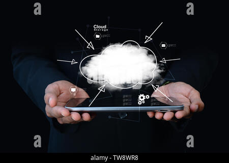 businessman holding cloud network icon on tablet computer Stock Photo