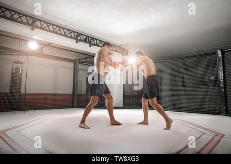 Two strong boxers fighting in gym Stock Photo