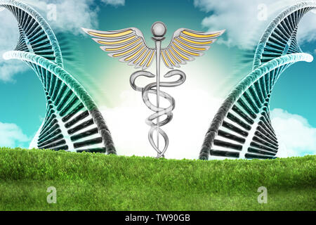 Dna and caduceus sign Stock Photo