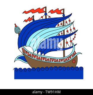 turkish ship decorative drawing in old fashion style, roman galleon  Stock Vector