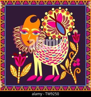 original ukrainian carpet design with fantasy animal and flowers, bright ethnic tribal pattern Stock Vector