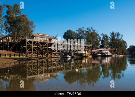 Historic port of Echuca on the Murray River at Echuca Victoria, Australia with old paddle steamer boats on river Stock Photo