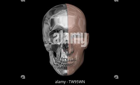 Skin flaking off face, reveals skull . 3d render Stock Photo