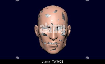 Skin flaking off face, reveals skull . 3d render Stock Photo