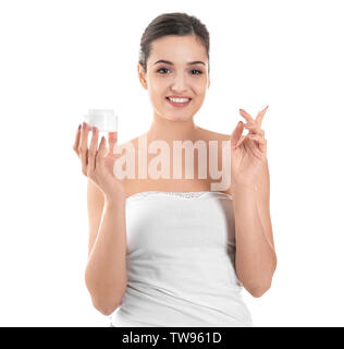 Woman with jar of body cream on white background Stock Photo