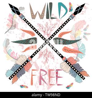 Crossed arrows. Hand drawn tribal label vector illustration isolated on ...
