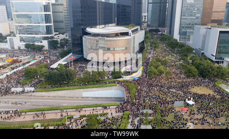 Aerial view of protesters marching in a mass protests rally from Victoria Park  to Government Complex in Hong Kong. Estimated 2 million people attended the anti extradition bill rally. (EDITORS NOTE: Image was taken with a Drone.) Stock Photo