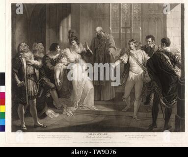 William Shakespeare: Much Ado About Nothing, production design, act IV, scene I, hero is falling in front of the altar in palsy, in front of her the monk how would marry her with Claudio. Claudio standing on the right and incriminate her of the perfidy, copper engraving in stippling by Pierre Simon (Peter Simon) based on painting by William Hamilton sheet from the Shakespeare-Gallery von John Boydell, Additional-Rights-Clearance-Info-Not-Available Stock Photo