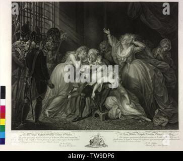 Farewell of King Louis XVI of France from his family, scene in the prison, the Temple in Paris: Meeting of Louis XVI with his family on 20th January 1793, in the evening before of his execution, inscription at George, Prince of Wales, coat of arms of the prince from Wales engraving in stippling by Peltro William Tomkins and John Eginton based on painting by Math Brown, Additional-Rights-Clearance-Info-Not-Available Stock Photo