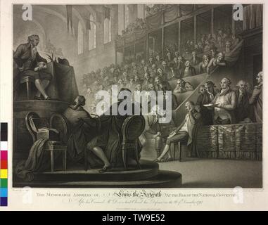 Louis XVI, King of France, during his speech in front of the National Convention, on 26.12.1792, stipple engraving by Luigi Schiavonetti based on a painting by William Mill illustrated person key: Pk 3003, 1048a itemization of the members of the National Convention: Pk 3003, 1048b, Additional-Rights-Clearance-Info-Not-Available Stock Photo