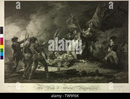 Montgomery, Richard, American war of independence (1775-1783): The death of the general Richard Montgomery in the battle of Québec on 31.12.1775, steel engraving by Johan Frederik Clemens based on a painting by John Trumbull. publisher, publisher A. C. de Poggi, London, March 1798, Artist's Copyright has not to be cleared Stock Photo
