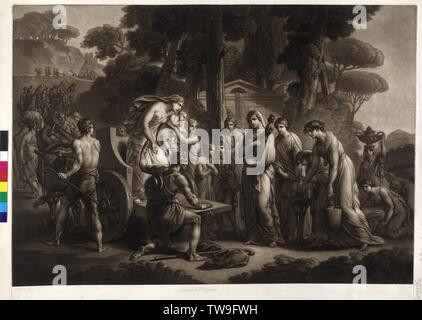 Lucius Albinus providing the Vestal Virgins his car at, Lucius Albinus meets the in front of the Gauls to foot from Rome fleeing Vestal Virgins, the statue of godss and dedicate vessel with yourselves barrows and providing him his car at, mezzotint (mezzotint) von Johann Peter Pichler based on drawing by Johann Henry Fueger. in front of script handwritten erroneously designate 'F. Wrenk f. ' and wrong entitle 'Auszug der Trojaner', Additional-Rights-Clearance-Info-Not-Available Stock Photo